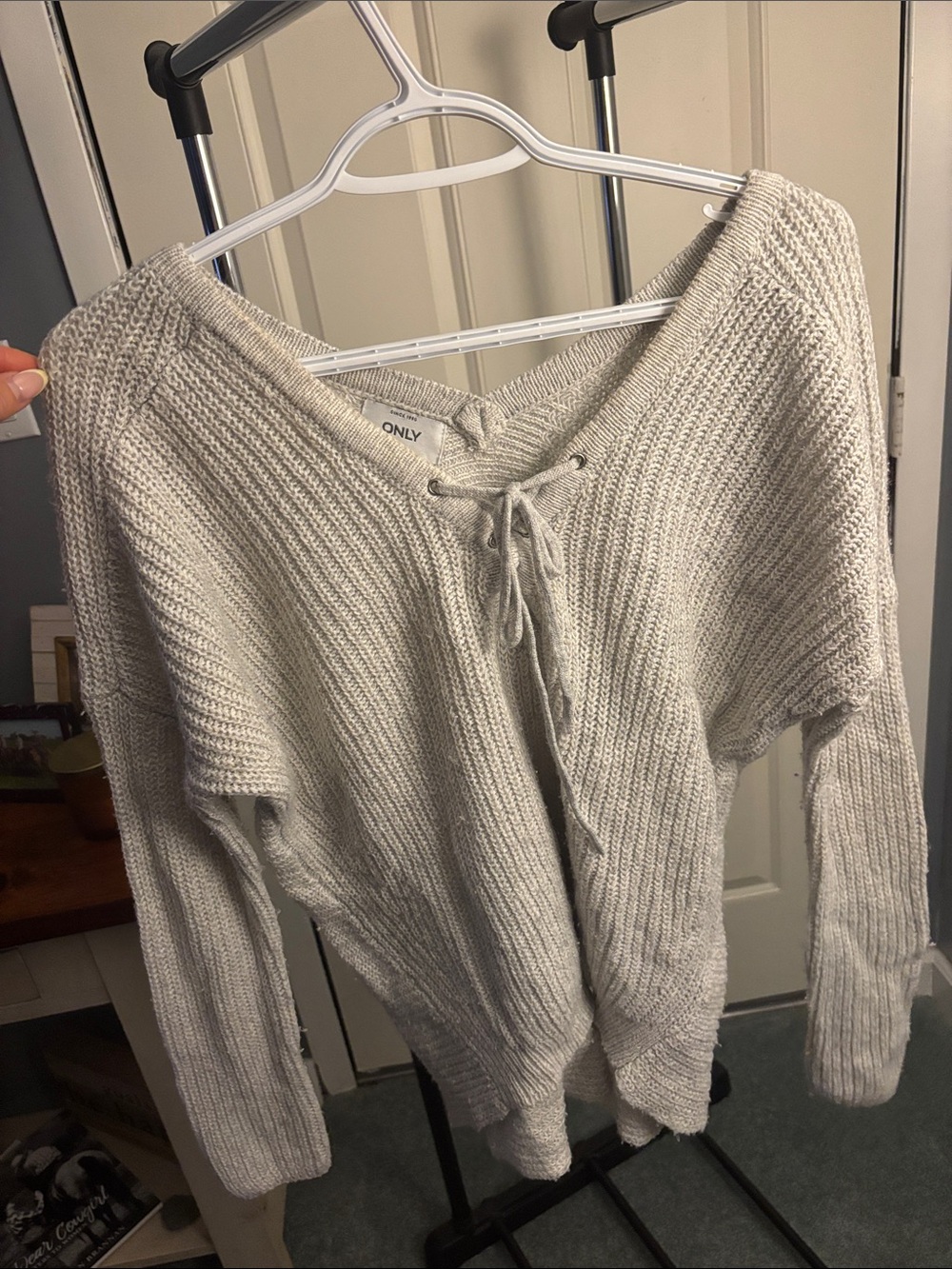 ONLY Off-Shoulder Cream Lace-Up V-Neck Knit Sweater